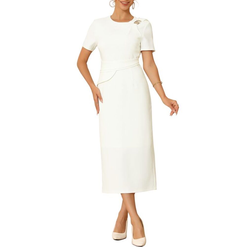 Women's Formal Dress Crewneck Short Sleeve Pleated Work Sheath Dress White